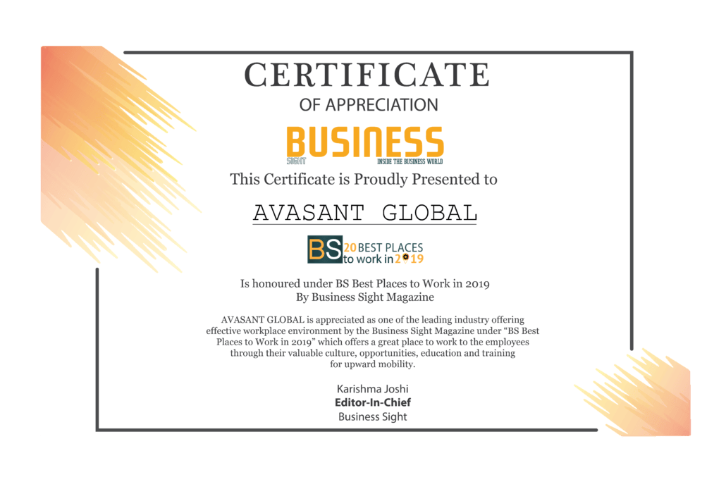 Business Sight Avasant Certificate 1030x684 - Avasant Recognized Among Business Sight's Top 20 Best Places to Work 2019