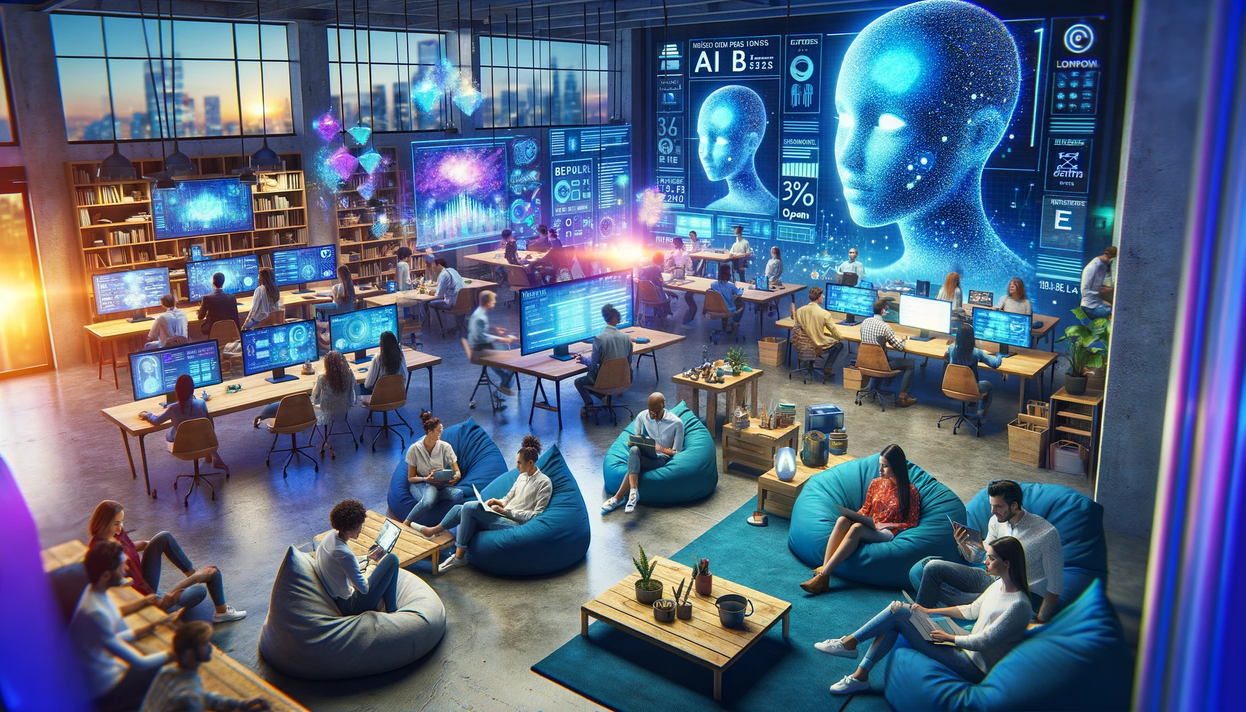DALL·E 2024 02 19 17.08.26 A vibrant collaborative workspace with a casual atmosphere where a diverse group of people are engaged in research sitting in bean bags and informa - Avasant Copilot Pioneers Instant Research Insights With Advanced Generative AI